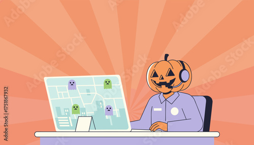 Pumpkinheaded agent providing Halloween customer service support tracking spooky incidents on map