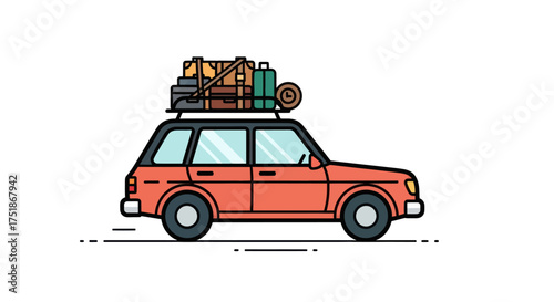 Orange Station Wagon Loaded with Luggage for Travel.