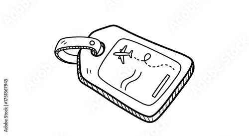 Hand-drawn Luggage Tag with Airplane and Travel Route.