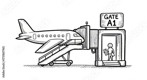 Hand-drawn Airplane at Airport Gate A1 with Passenger.