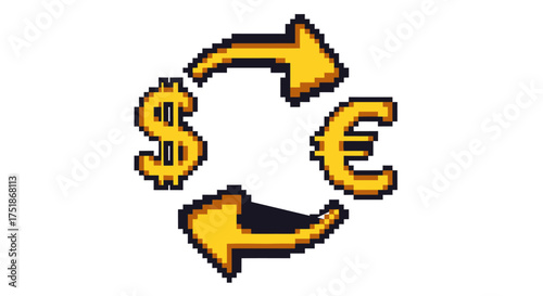 Pixelated Dollar and Euro Symbols in Circular Exchange Arrows.