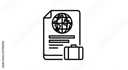 Global Travel Document Icon with Suitcase and World Map.