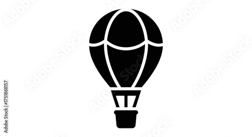 Black solid glyph icon of a classic hot air balloon with a basket representing travel and adventure.