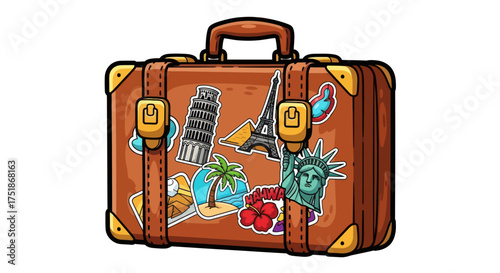 Brown Vintage Suitcase Adorned with Travel Destination Stickers.