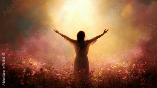 Wallpaper Mural Silhouette of a woman with arms raised in a glowing flower field at sunset, dreamy fantasy style on a glowing light-filled background, concept of hope and spiritual awakening Torontodigital.ca