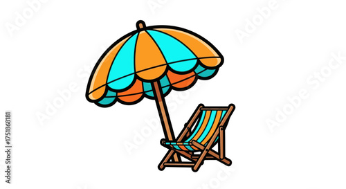 Colorful Beach Umbrella and Striped Deck Chair for Relaxation.