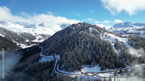 Aerial view of Skiing area of Paradiski, La Plagne, France Alpes