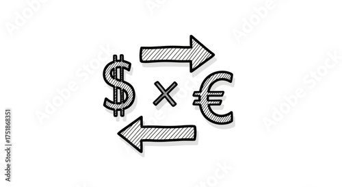 Hand-drawn Dollar and Euro Currency Exchange Symbols with Arrows.