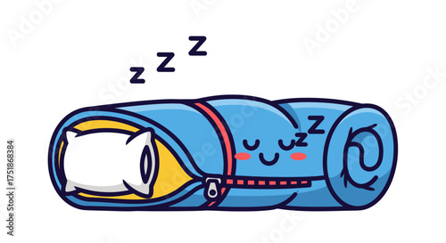 Cute Cartoon Blue Sleeping Bag with Pillow Rolled Up and Sleeping.