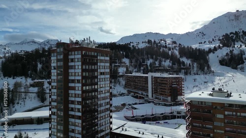 Aerial view of Skiing area of Paradiski, La Plagne, France Alpes