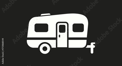 Simple white caravan travel trailer icon A minimalist vector graphic for camping vacation and road trip concepts.