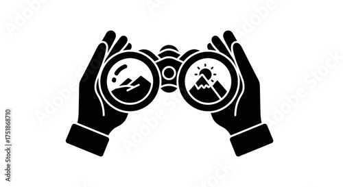Hands holding binoculars with mountain landscape views.