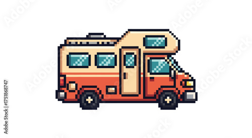 Pixel Art Illustration of a Classic Motorhome RV with Over-Cab Bunk.