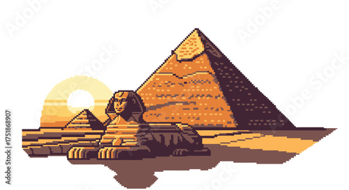 Ancient Egyptian Sphinx and Pyramids Illustration.