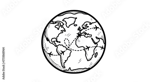 Hand-drawn Globe with Airplane Travel Routes Depicted.