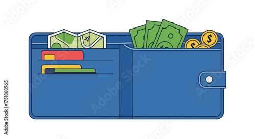 Blue Leather Bi-fold Wallet Filled With Cash and Cards.