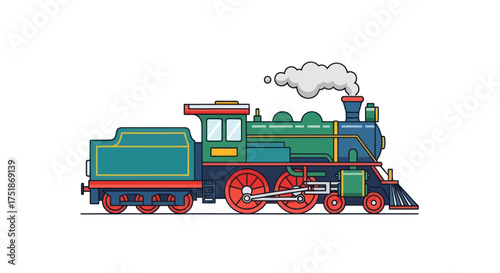 Vintage Green Steam Locomotive with Red Wheels Emitting Smoke.