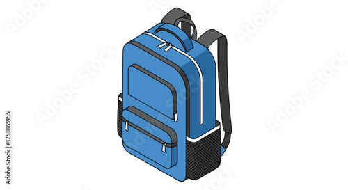 Isometric View of a Blue and Black Backpack.