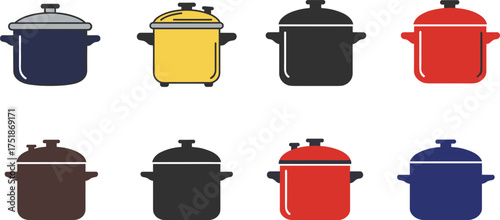 Cooking pot silhouette vector collection, colorful kitchen cookware set, modern saucepan and stockpot illustration for culinary design and branding