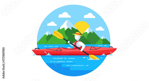 Person kayaking on a red kayak with a paddle surrounded by mountains and water.