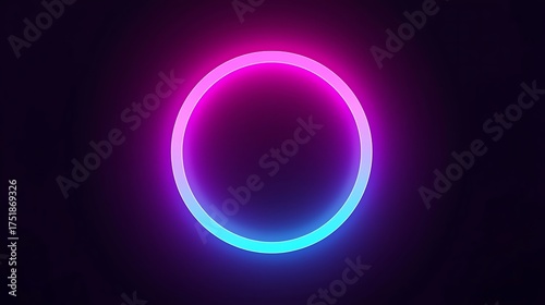 3D render of glowing neon circle with pink blue gradient, futuristic ultraviolet ring on dark background, modern abstract minimal tech design with smooth light halo