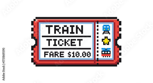 Pixelated Red Train Ticket with Fare Information.