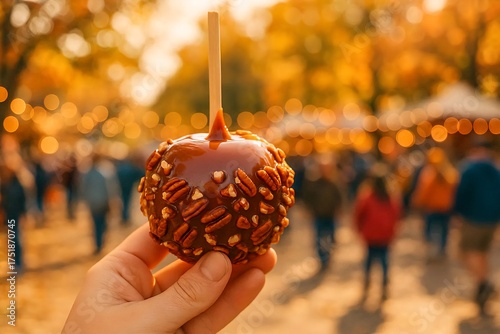 Close-up of a person hand holding a caramel apple glossy and studded with pecans.