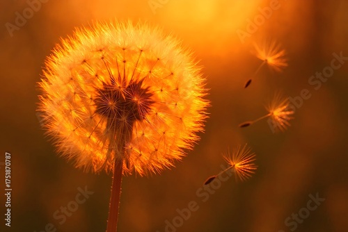 A macro shot of a single fluffy dandelion seed head backlit by the warm sun.