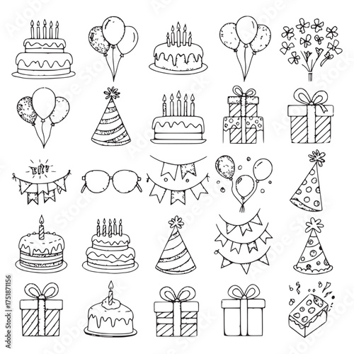 Whimsical Hand-Drawn Birthday Party Essentials: Cakes, Balloons, Gifts, and Decorations Collection