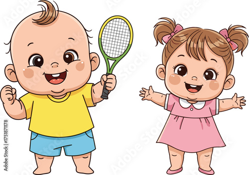 Cute baby boy holding tennis racket, happy baby girl smiling with open arms, playful cartoon children illustration, childhood sports fun concept