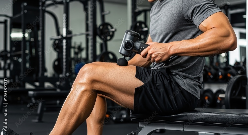 Obraz premium Man using massage gun on leg in gym for muscle recovery.