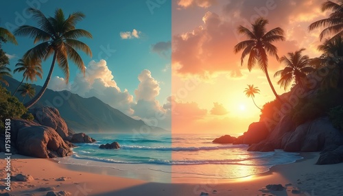 Split image shows tropical island beach divided by daytime and sunset scenes. Blue sky, clear water contrasts with orange sky, ocean waves. Palm trees stand against rocky shores.