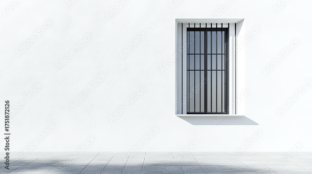 Obraz premium Modern minimalist window with subtle, curved wrought iron security grill in matte black