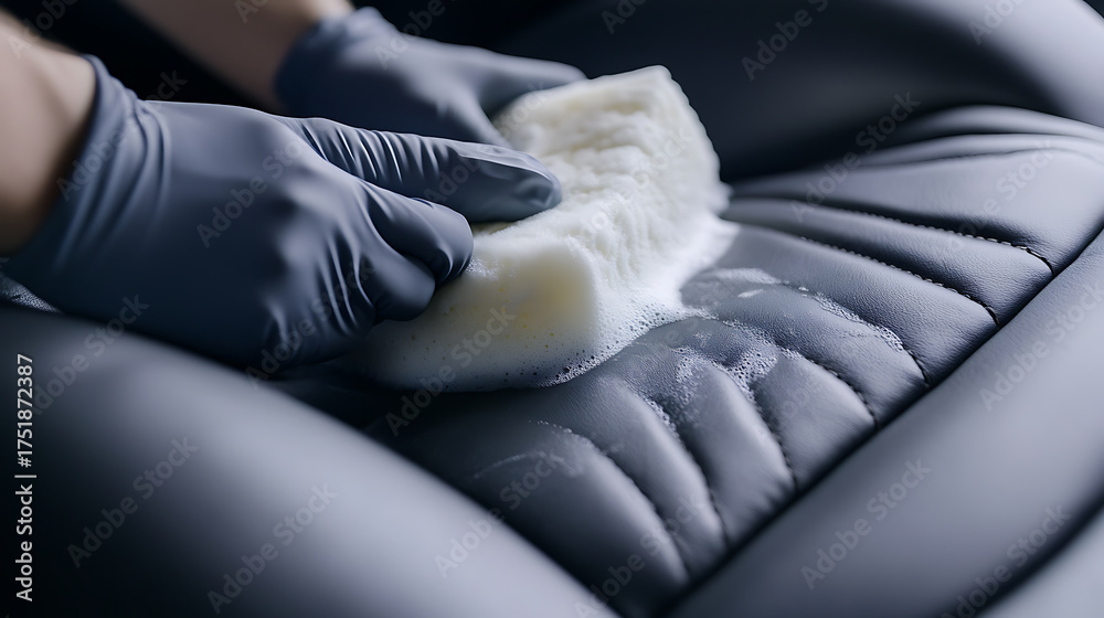 Obraz premium Leather Seat Cleaning: Gloved hands meticulously clean a textured leather seat with a soapy sponge. Focus on detailing and maintenance for a pristine interior.