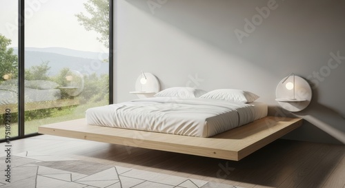 Minimalist bedroom interior with floating bed and wall lamps modern design for relaxation and comfort overlooking nature