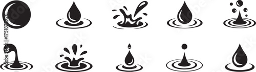 Water Droplet and Splash Icons in Silhouette Style for Fluid, Nature, and Water-related Projects