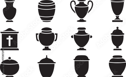 Set of Vases, Urns, and Funeral Icons Vector Design Including Decorative and Memorial Symbols