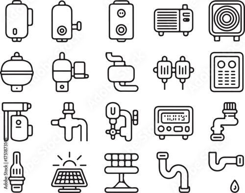 Set of Electrical and Plumbing Equipment Icons Including Water Heater, Pipes, and Solar Panel in Line Style