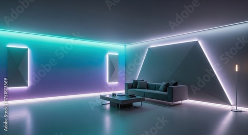 Modern living room interior with neon lights creating a futuristic and stylish atmosphere perfect for architectural visualization and design inspiration