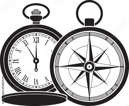 Vintage Pocket Watch and Compass Vector Design in Black and White