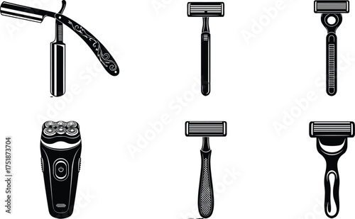 Barber and grooming razor silhouette collection with straight razor, electric shaver, safety razor, vector illustration for shaving equipment design