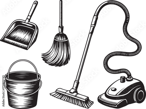 Cleaning Tools Vector Illustration Set Including Broom, Dustpan, Vacuum, Bucket, and Mop