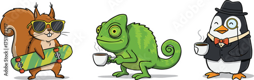 Anthropomorphic animals, squirrel with skateboard, chameleon with coffee, penguin in suit, whimsical characters, funny animal fashion, playful illustration, humor