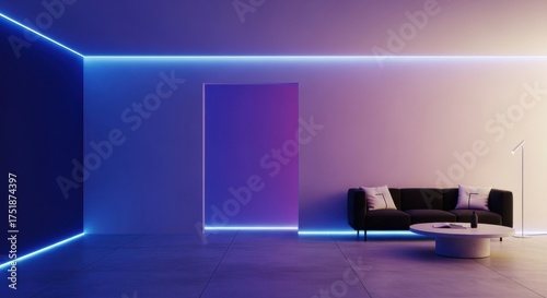 Modern living room interior with neon lighting minimalist design creating a futuristic and stylish atmosphere