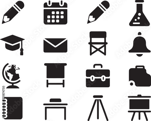 School and Office Icon Set: Educational Tools, Documents, and Equipment for Learning and Work Environments