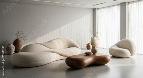 Modern living room interior with a sculptural sofa and coffee table minimalist design creating a serene and stylish home environment