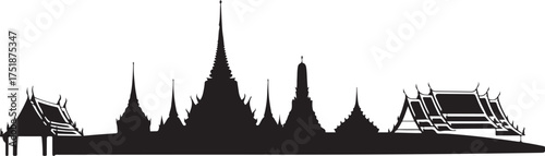 Traditional Temple Silhouette Design: Thai or Southeast Asian Architecture with Spires and Roofs