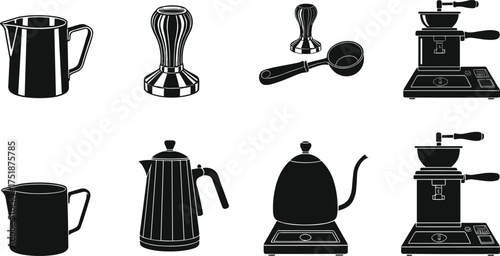 Black silhouette vector illustration of coffee maker, kettle, grinder, tamper, milk jug, barista tools, isolated white background, cafe equipment