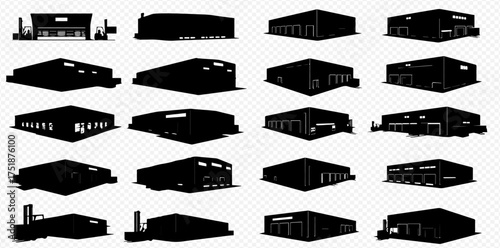 A collection of black silhouettes of various industrial and commercial buildings, such as warehouses and stores, on a transparent background.