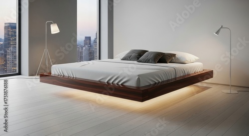 Modern floating bed in a minimalist bedroom interior illuminated with soft lighting creating a serene and contemporary atmosphere